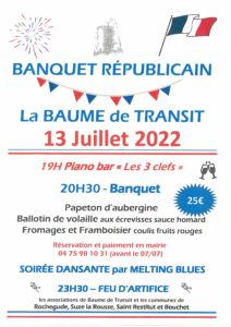 Banquet Républicain à la Baume de Transit le 13 juillet 2022 à 19h