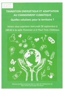 Transition énergétique et adaptation au changement le 28 septembre à 18h30 à Saint Paul Trois Châteaux