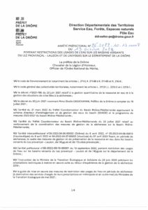 Arrêté préfectoral du 13-10-2022 portant restrictions des usages de l’eau sur les bassins versants du lez provençal- lauzon- aygues sur le département de la Drôme