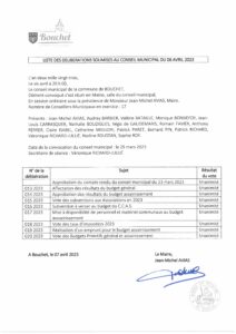 Liste des délibérations du Conseil Municipal du 6 avril 2023