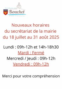 Horaires de la mairie du 18 juillet au 31 août 2025