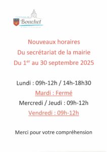 Horaires de la mairie du 1er au 30 septembre 2025