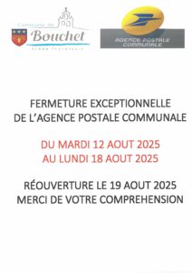 Fermeture Agence Postale Communale du 12 au 18 août 2025