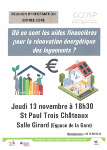 CCDSP REUNION D’INFORMATION AIDES FINANCIERES RENOVATION ENERGETIQUE LE 13 NOVEMBRE A 18H30