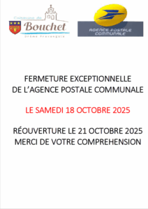 FERMETURE EXCEPTIONNELLE DE L’AGENCE POSTALE COMMUNALE LE 18/10/25