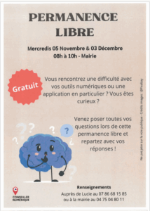 ATELIER NUMERIQUE – PERMANENCE LIBRE – Mercredi 5 novembre et 3 décembre 2025