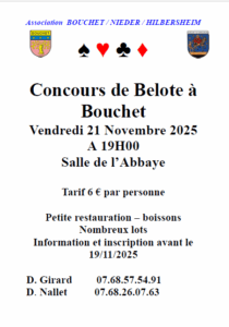 Concours de Belote le 21/11/2025 – Association Jumelage BOUCHET / NIEDER HILLBERSEIM