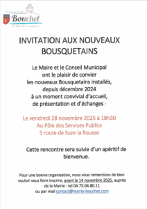 Invitations des Nouveaux Bousquetains – le 28/11/2025 à 18h30 au Pôle des Services Techniques