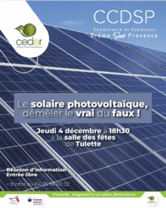 CCDSP – Réunion d’information sur le solaire photovoltaïque le 04/12/2025 à 18h30 à TULETTE – Salles des Fêtes
