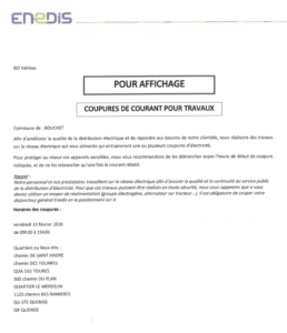 Coupures de courant pour travaux – ENEDIS – Vendredi 13 Février 2026