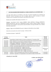 Liste des délibérations soumises au conseil municipal du 26-02-2026